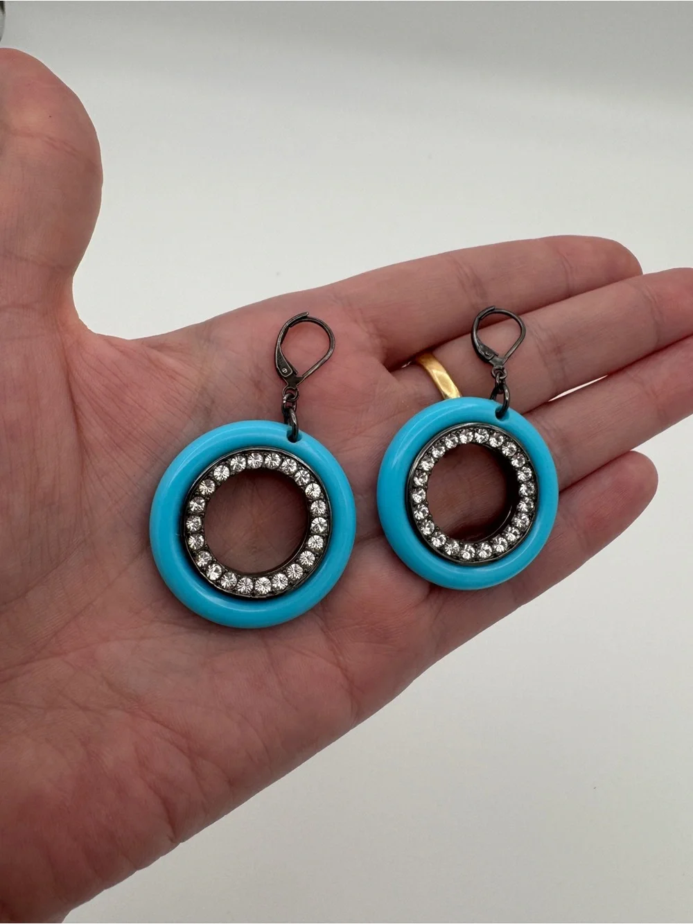 Vintage KJL Turquoise Hoop Earrings, Gunmetal Rhinestone Statement Jewelry - Picture 6 of 7